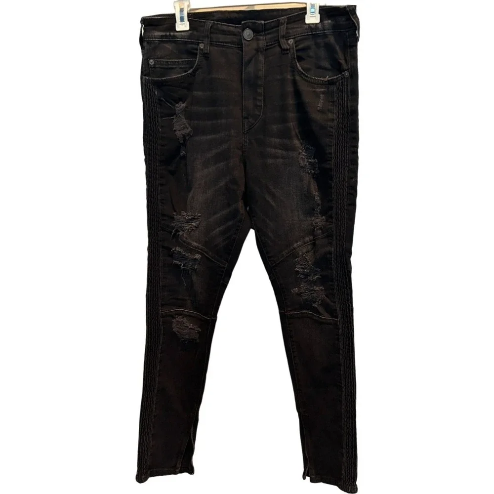 True‎ Religion Mick Slouchy Skinny 34 Men's Black Distressed Moto Jeans